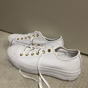 Women’s White Leather Converse Sneakers with Gold Accents